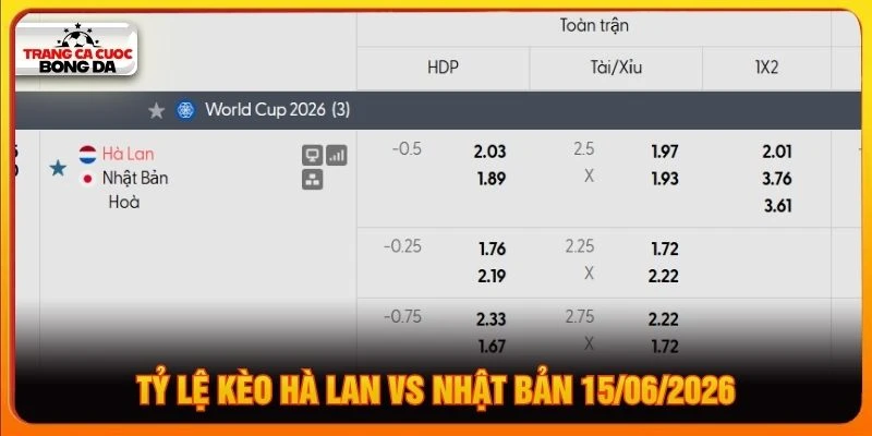 Tỷ lệ kèo Hà Lan vs Nhật Bản 15/06/2026