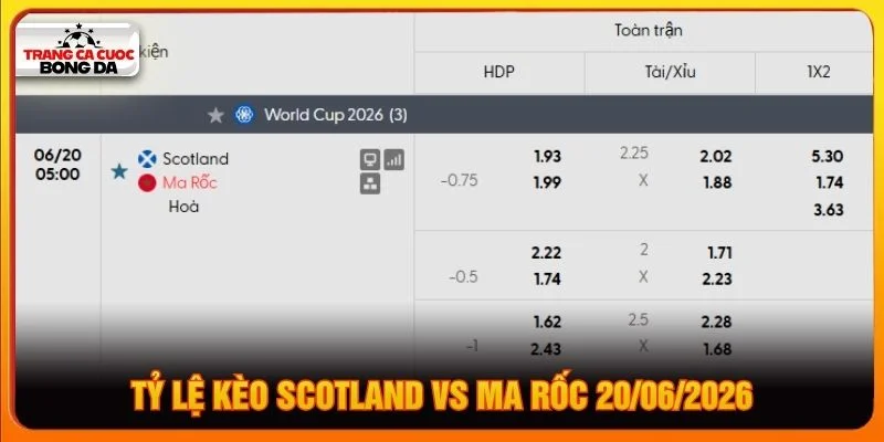Tỷ lệ kèo Scotland vs Ma Rốc 20/06/2026